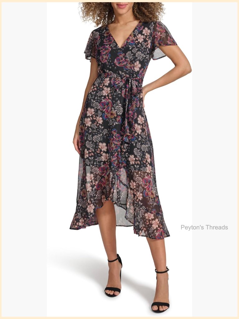 Short Sleeve V-Neck Printed Lurex Striped Chiffon Midi Dress